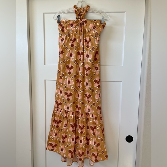 aerie Dresses & Skirts - NWT Aerie Linen Blend Maxi Dress w/ Braided Neck Tie, Caramel w/ neutral accents